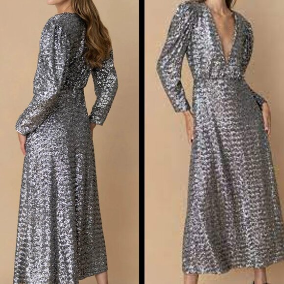 BORGO DE NOR NEW Bernadette Sequin Crepe Formal Long Sleeve Maxi Dress Size XS - Picture 2 of 10